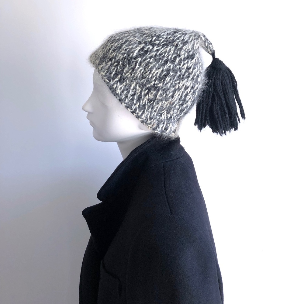 Hand Knit Grey Angora Wool Tassel Cap Vintage